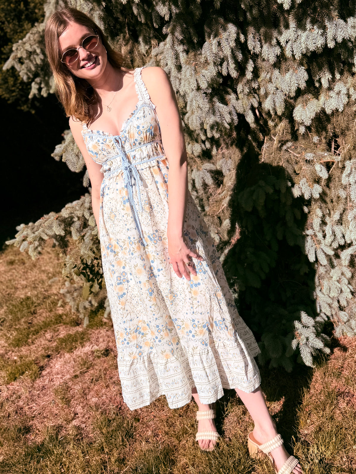 Border Floral Sleeveless Front Tie Midi Dress