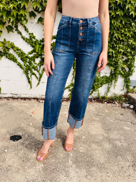 High Rise Crop Wide Straight Cuffed Jeans - Risen