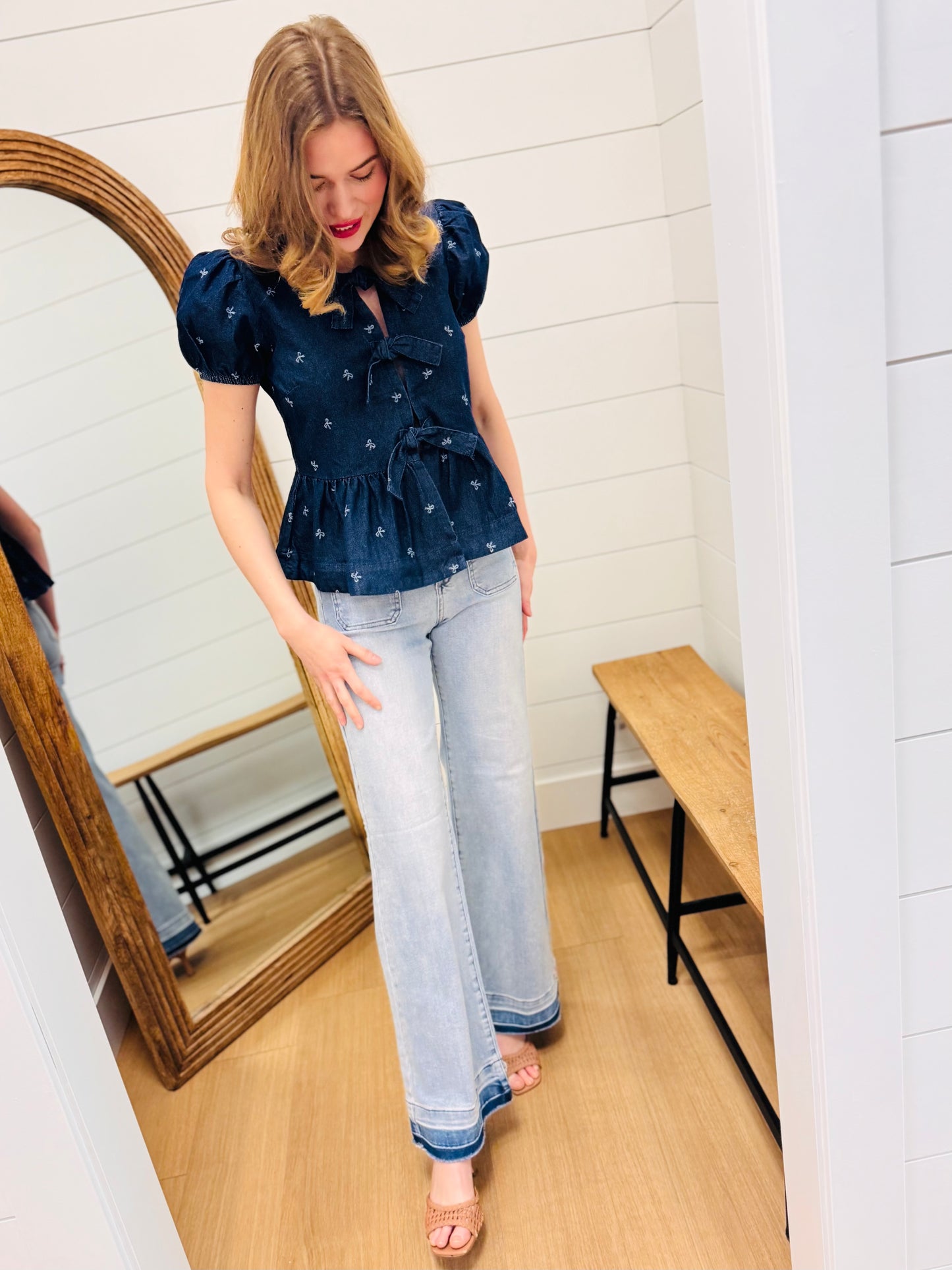 Denim Bow Print Puff + Ties Ruffle Hem Top
