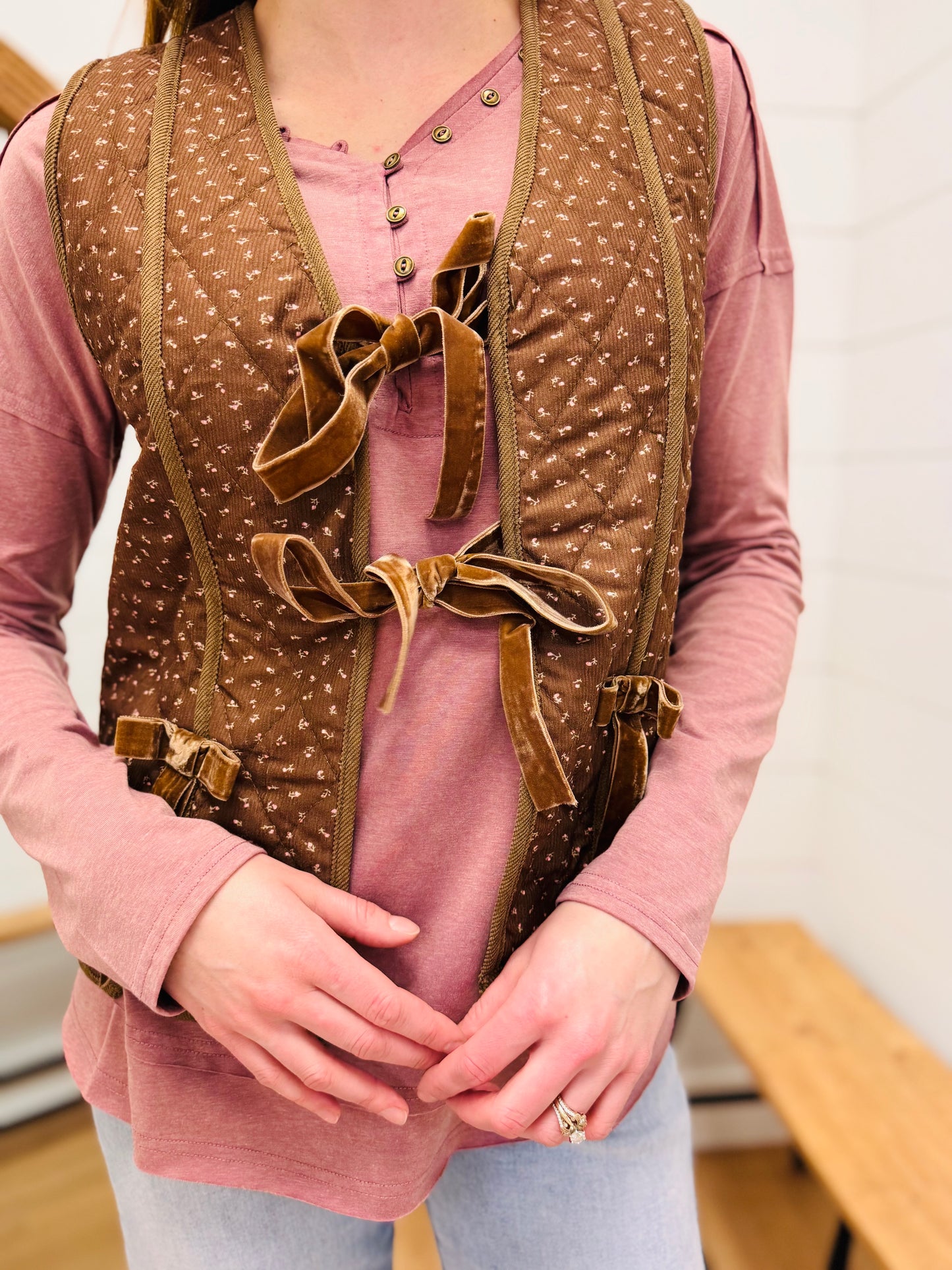 Quilted Floral Tie Front Vest