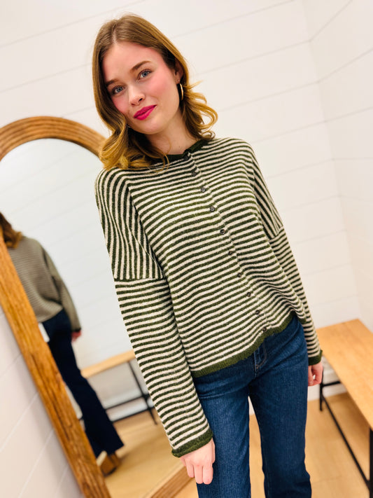 Stripe Raw Edge Drop Shoulder Knit Cardigan