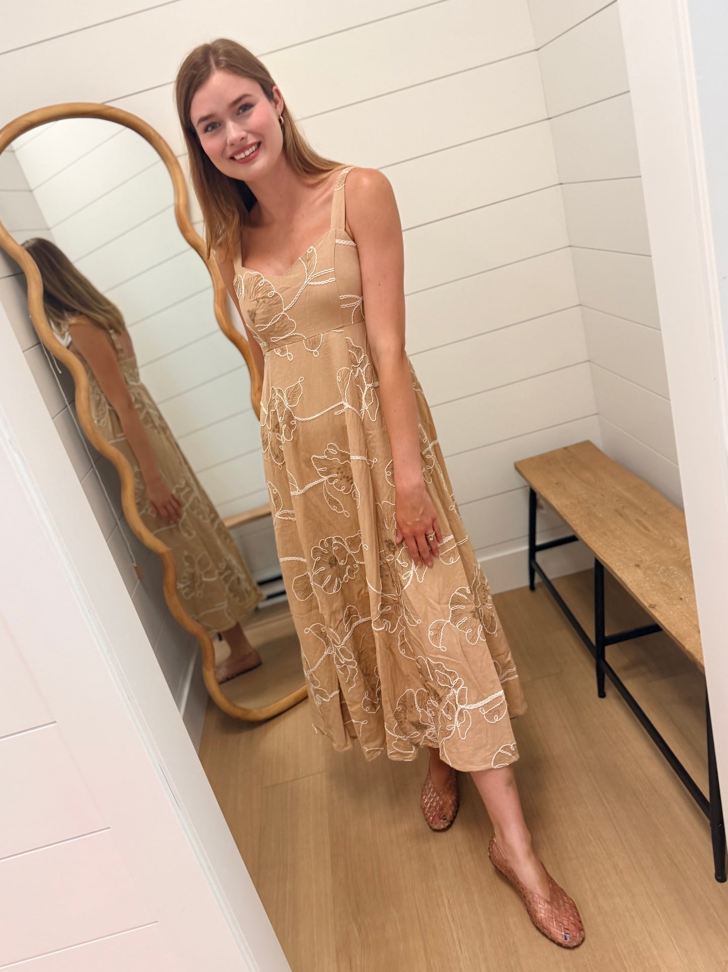 Floral Embroidered Spaghetti Strap Midi Dress