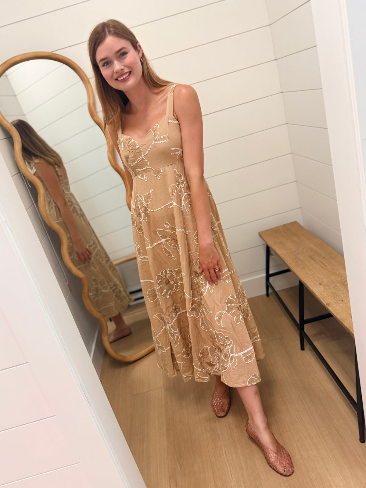 Floral Embroidered Spaghetti Strap Midi Dress