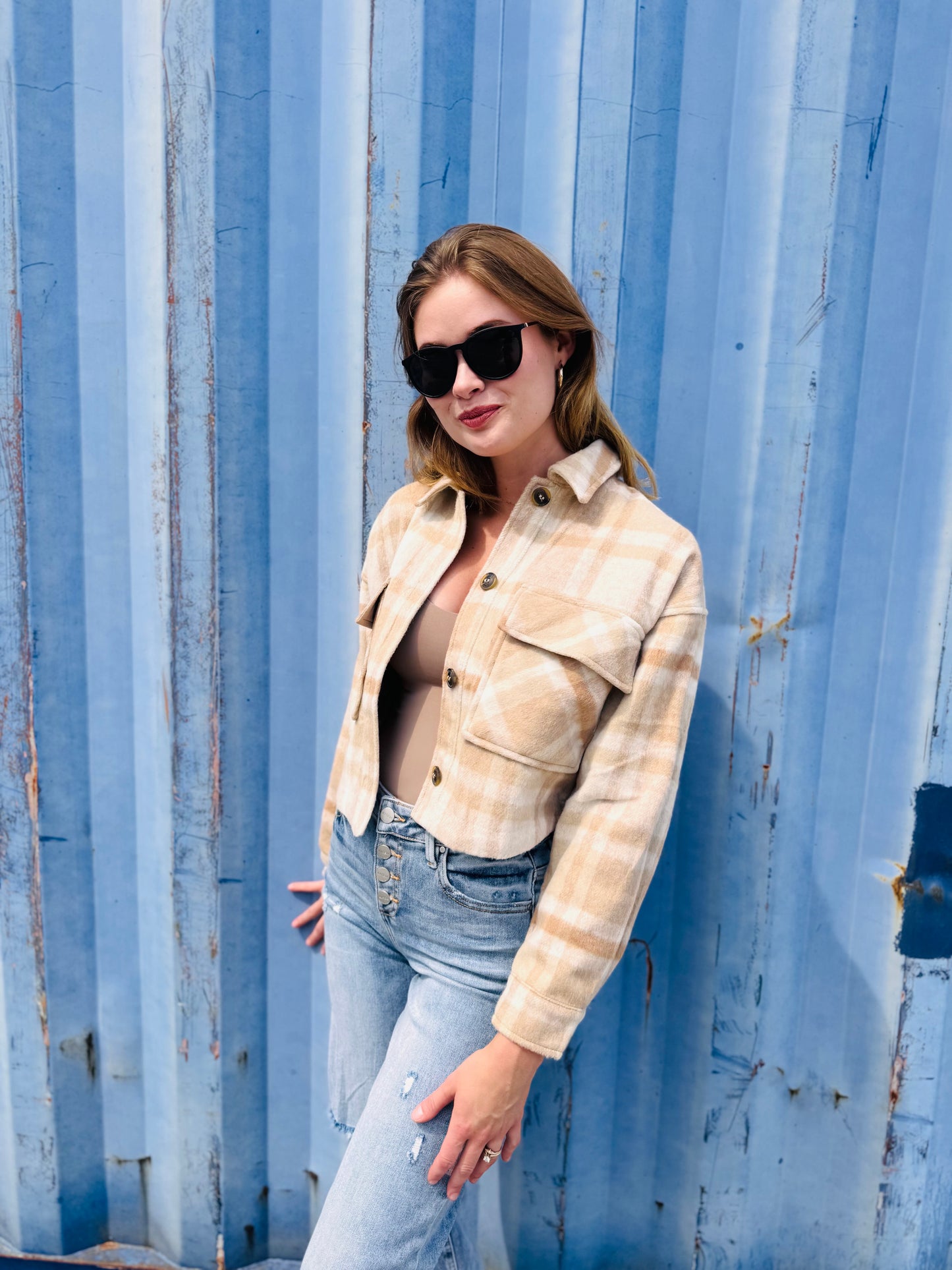 Button-down Short Plaid Shacket - Khaki