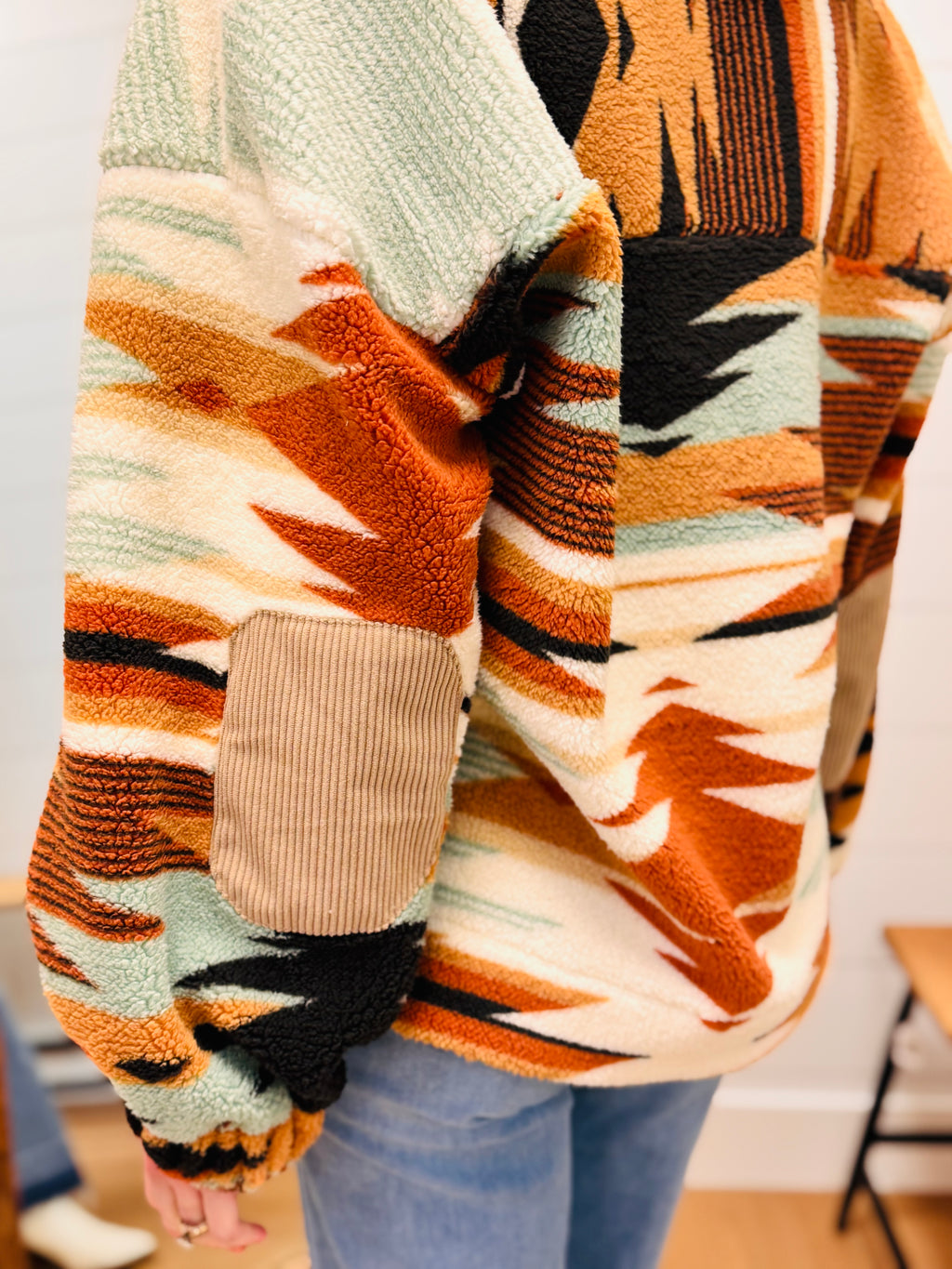 Half Zip Up Aztec Graphic Fleece Top