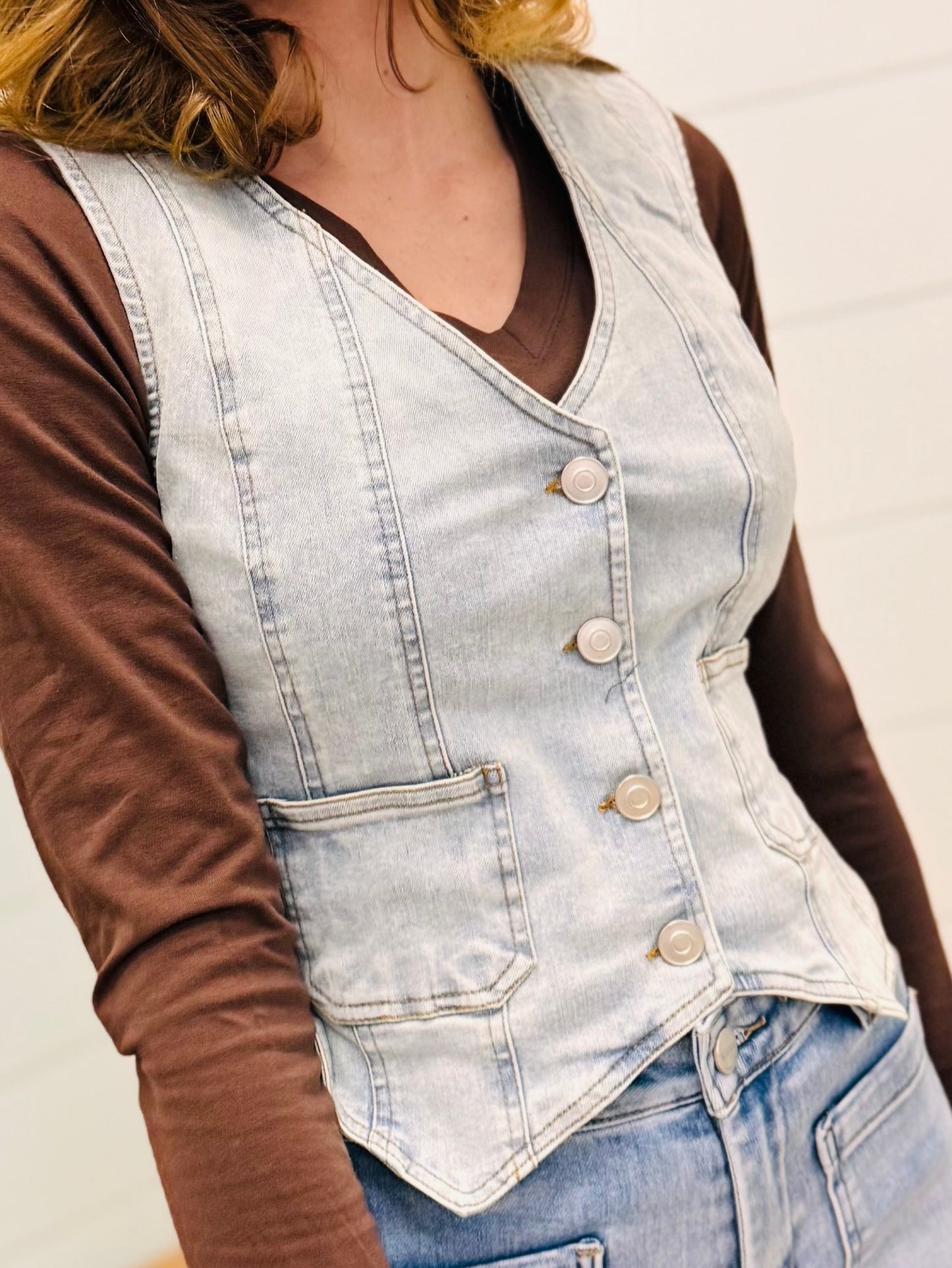 V Neck Sleeveless Button Down Denim Vest