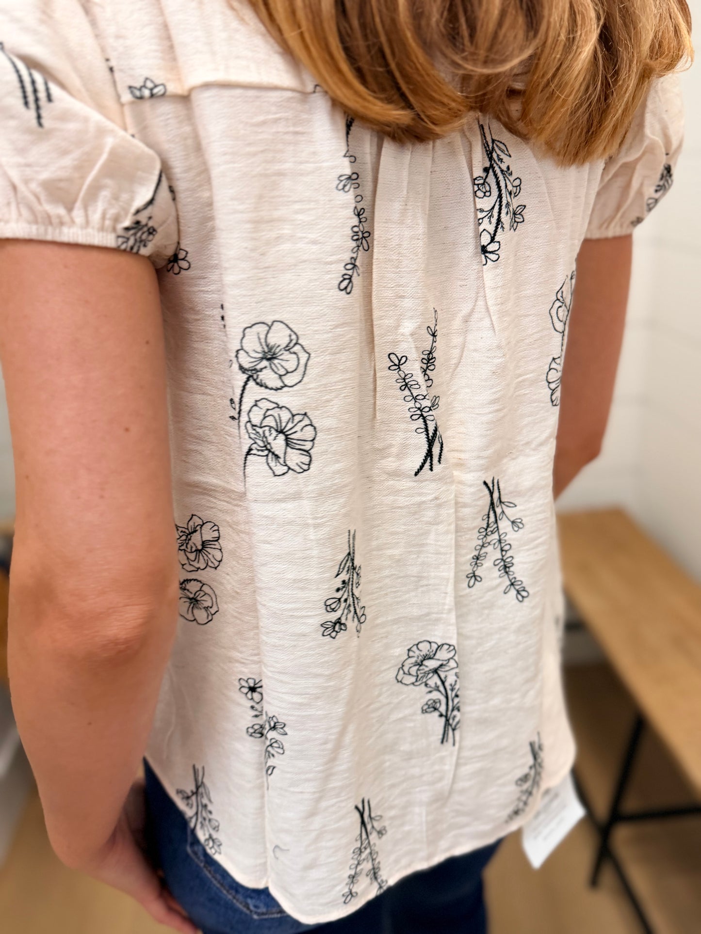 Floral Line Print Split Neck Button Down Linen Top