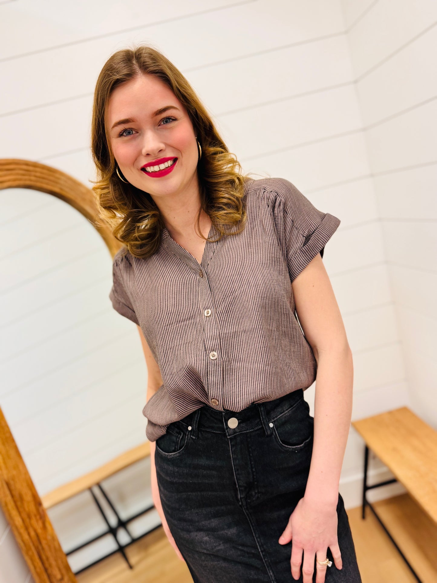 Pinstripe Short Cuff Sleeve Button Down Shirt