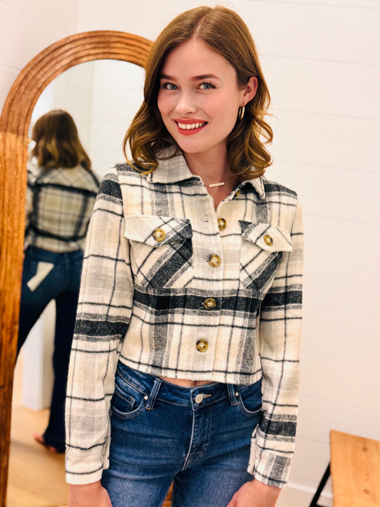 Cropped Casual Plaid flannel Jacket - White + Grey