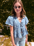 Floral Embroidery Front Tie Scalloped Peplum Top - Chambray