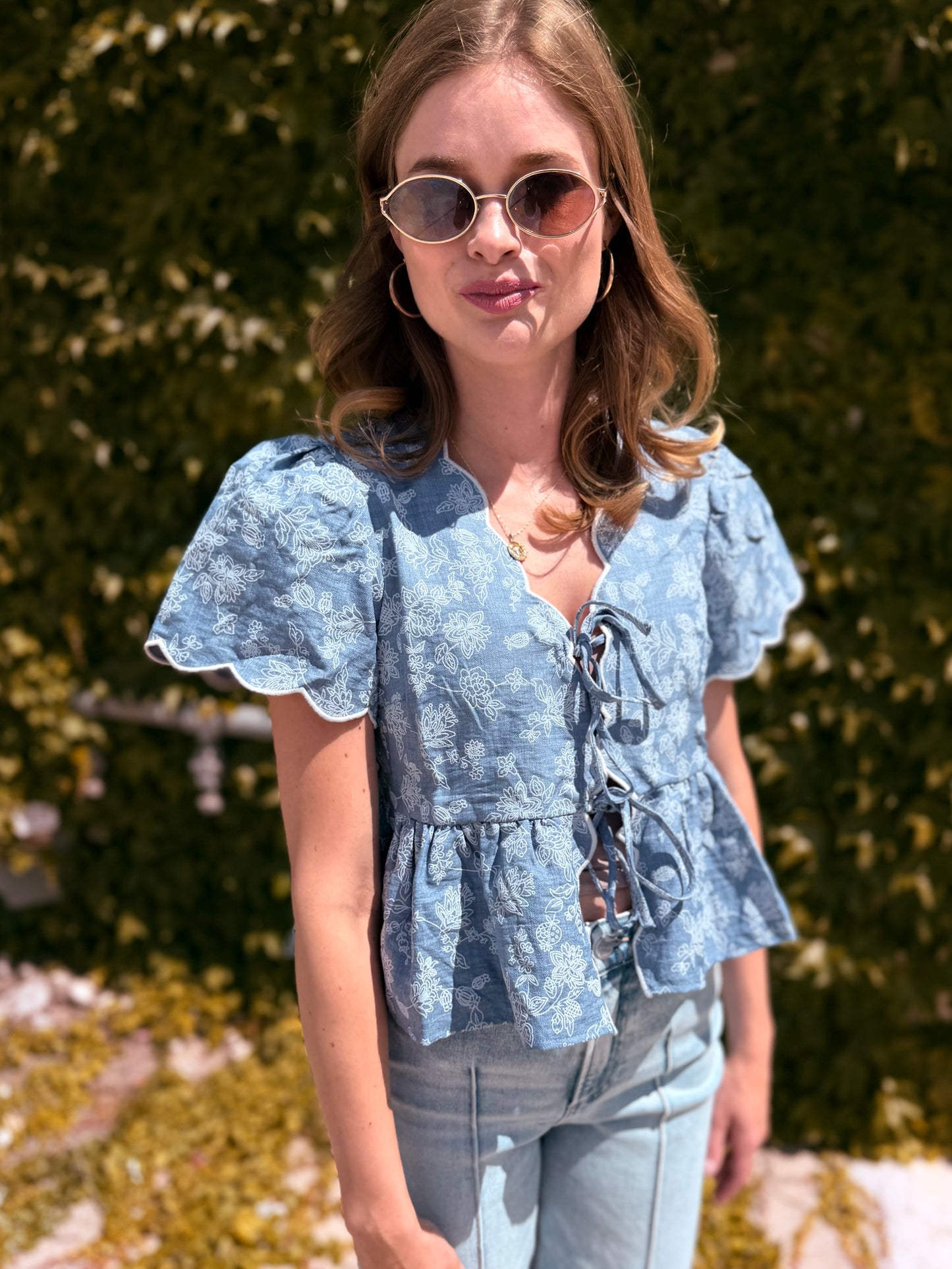 Floral Embroidery Front Tie Scalloped Peplum Top - Chambray