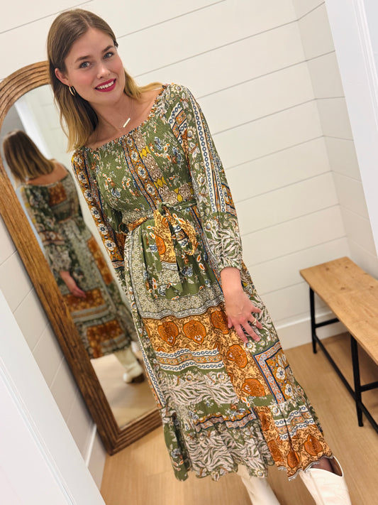 Printed Olive Mix Midi Dress