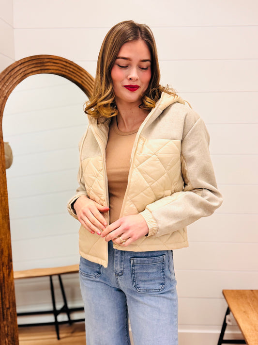 Contrasting Quilted And Soft Hoodie Jacket