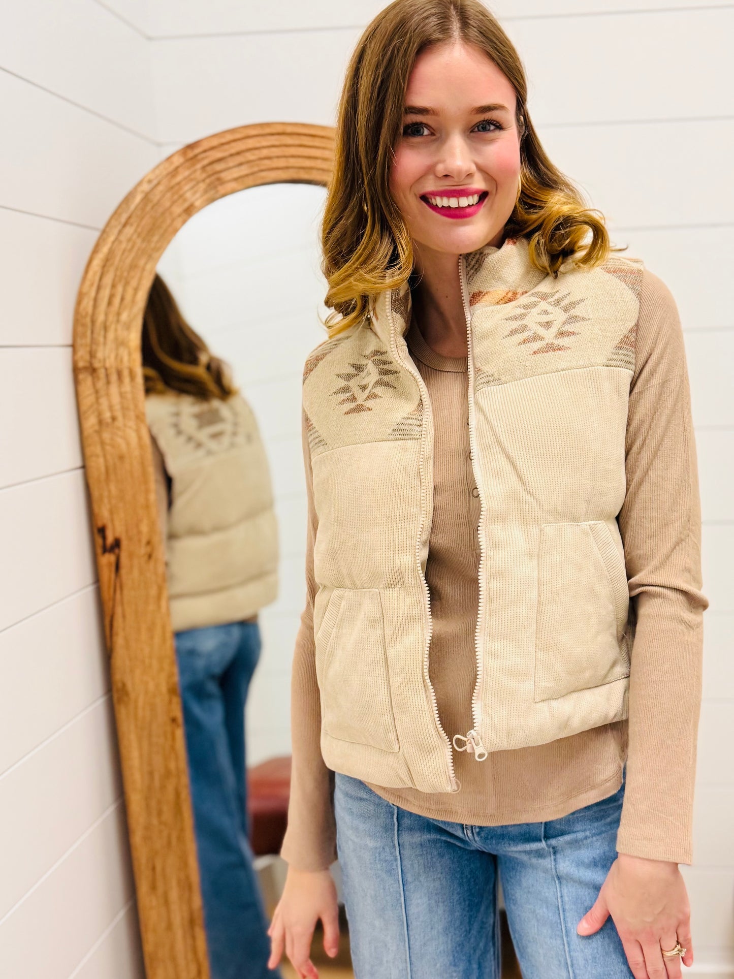 Aztec Graphic Corduroy Casual Puffer Vest