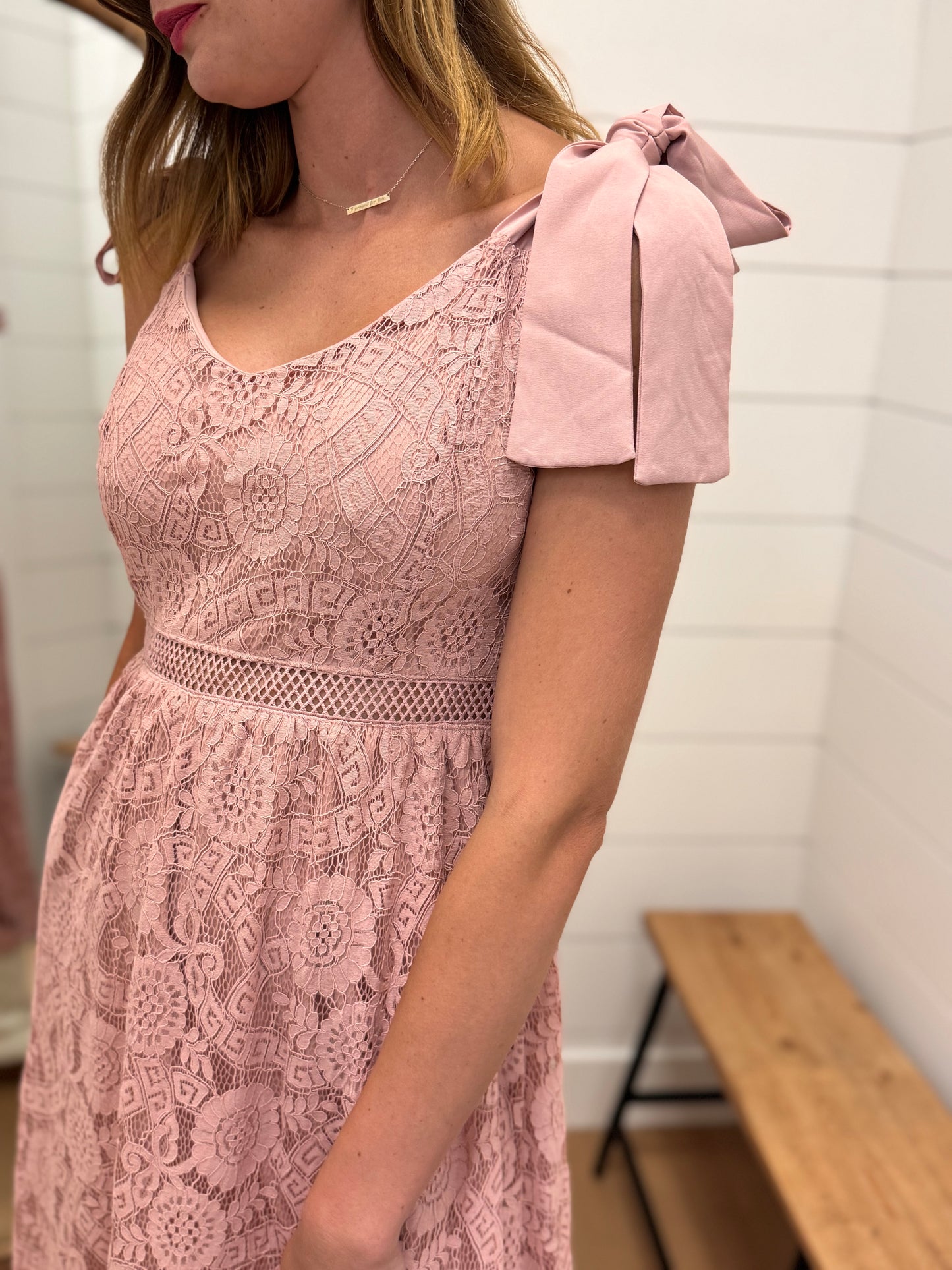 Dusty Pink Lace Tie Strap Midi Dress