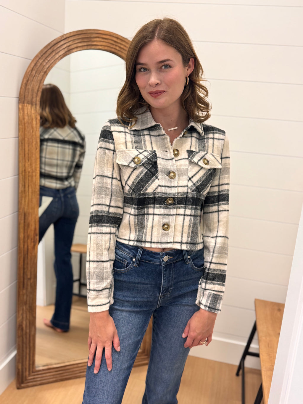 Cropped Casual Plaid flannel Jacket - White + Grey
