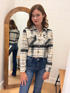 Cropped Casual Plaid flannel Jacket - White + Grey