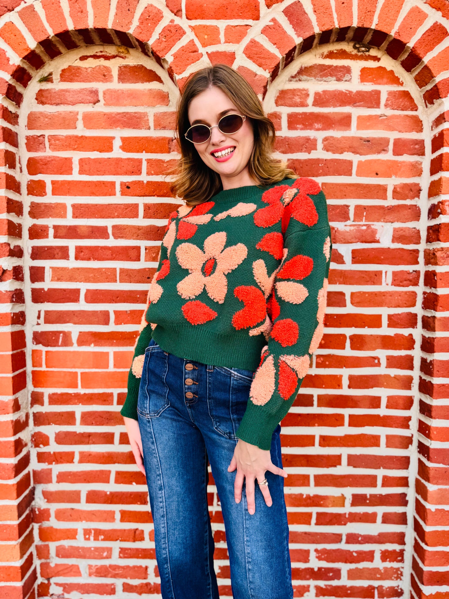 Fuzzy Floral Print Sweater - Dreamers