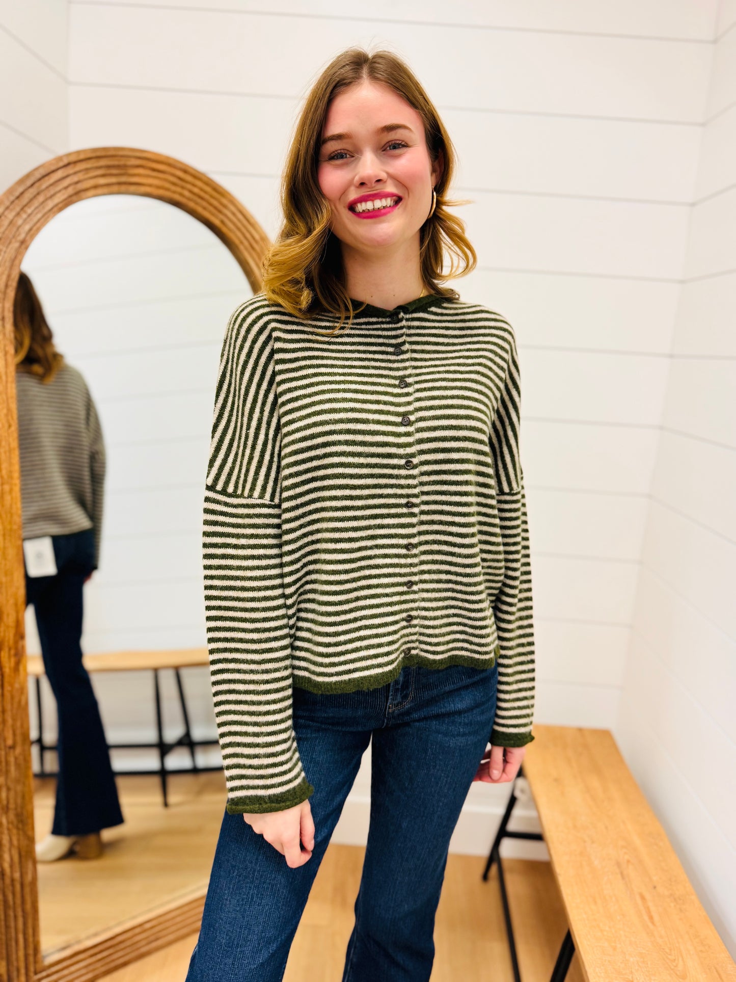 Stripe Raw Edge Drop Shoulder Knit Cardigan