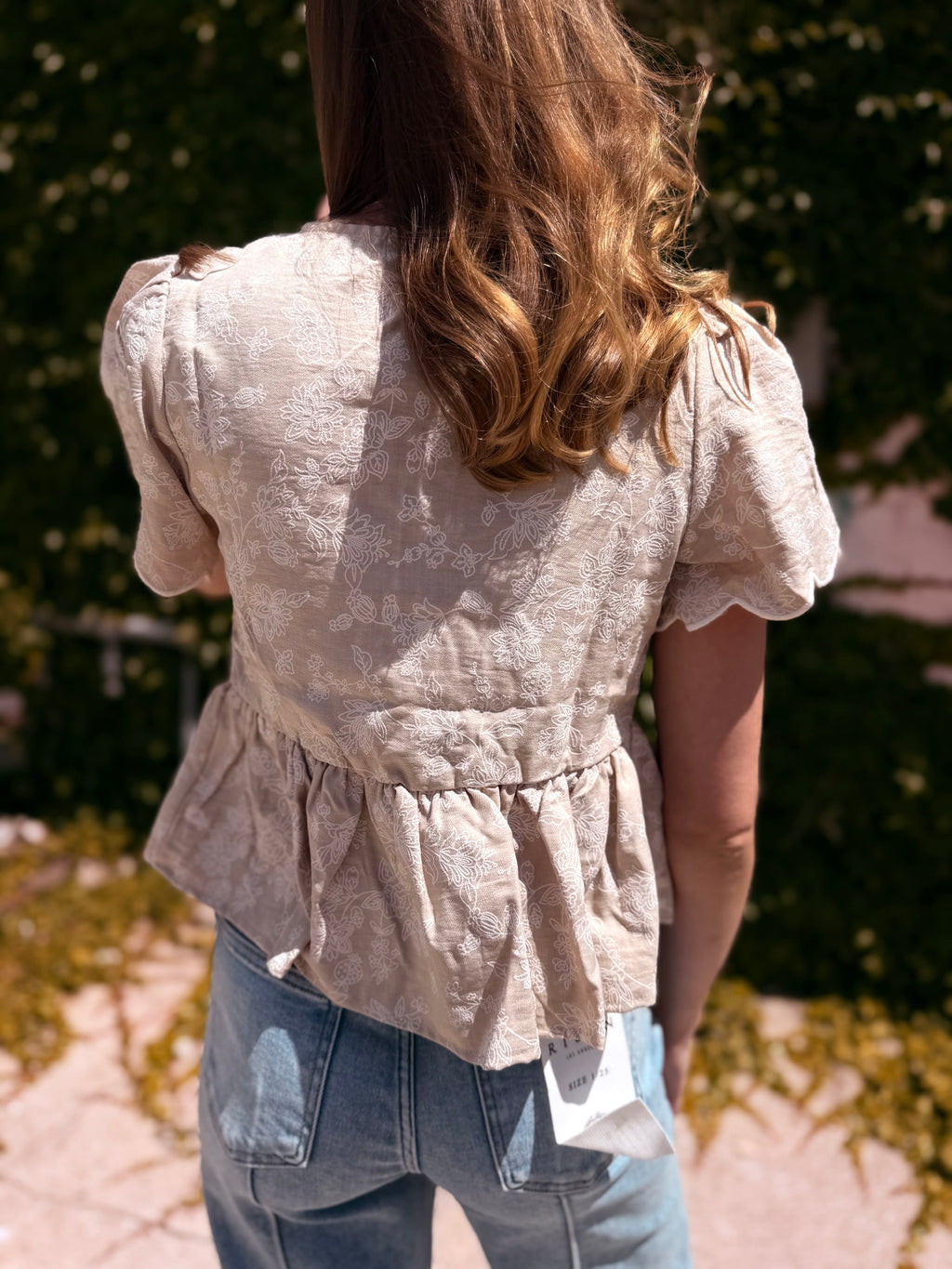 Floral Embroidery Front Tie Scalloped Peplum Top - Khaki