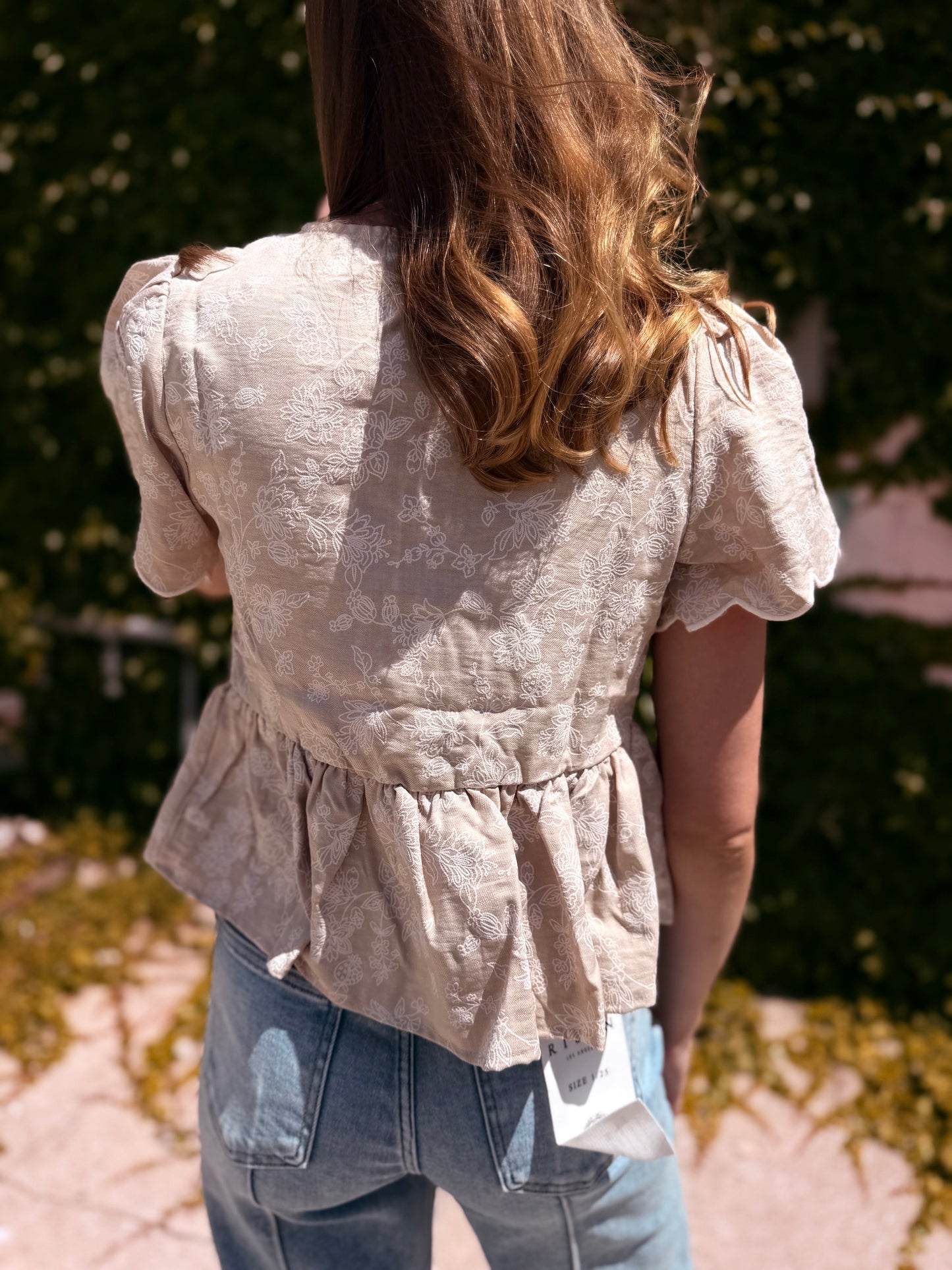 Floral Embroidery Front Tie Scalloped Peplum Top - Khaki