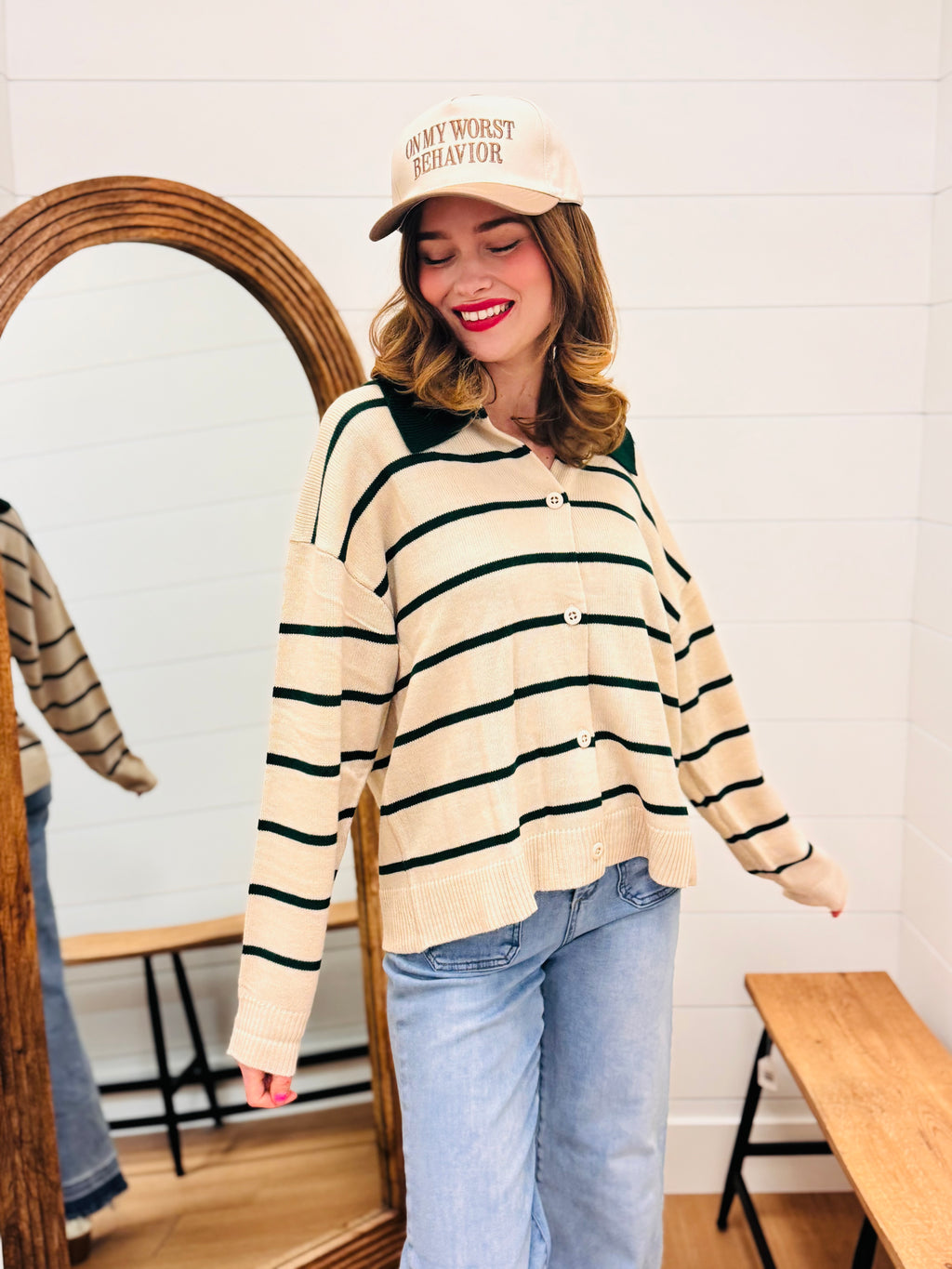 Button Down Sweater with Contrast Stripes and Collar
