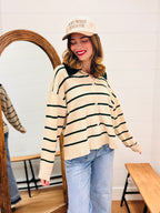 Button Down Sweater with Contrast Stripes and Collar