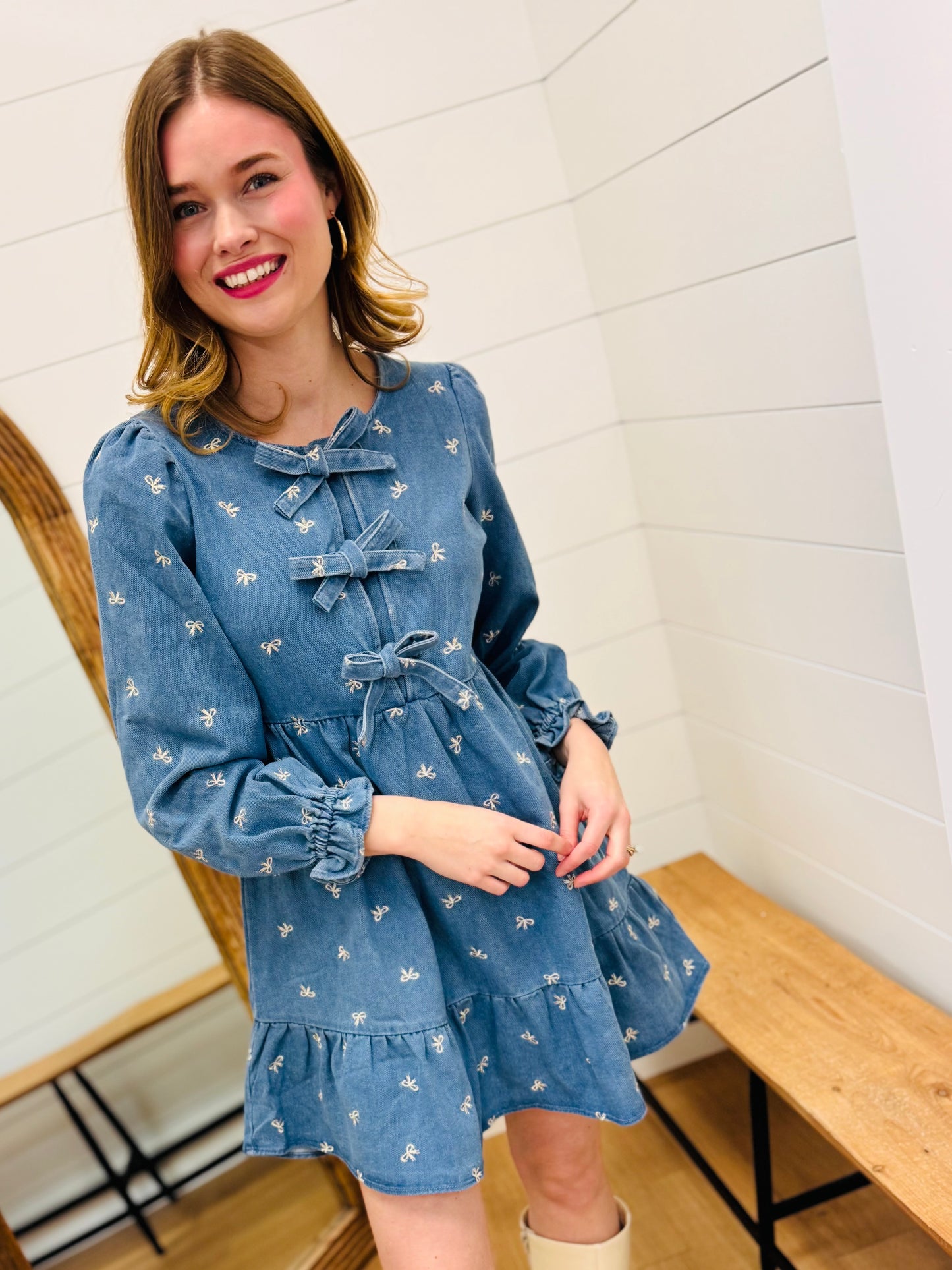 Soft Washed Denim Bow Dress