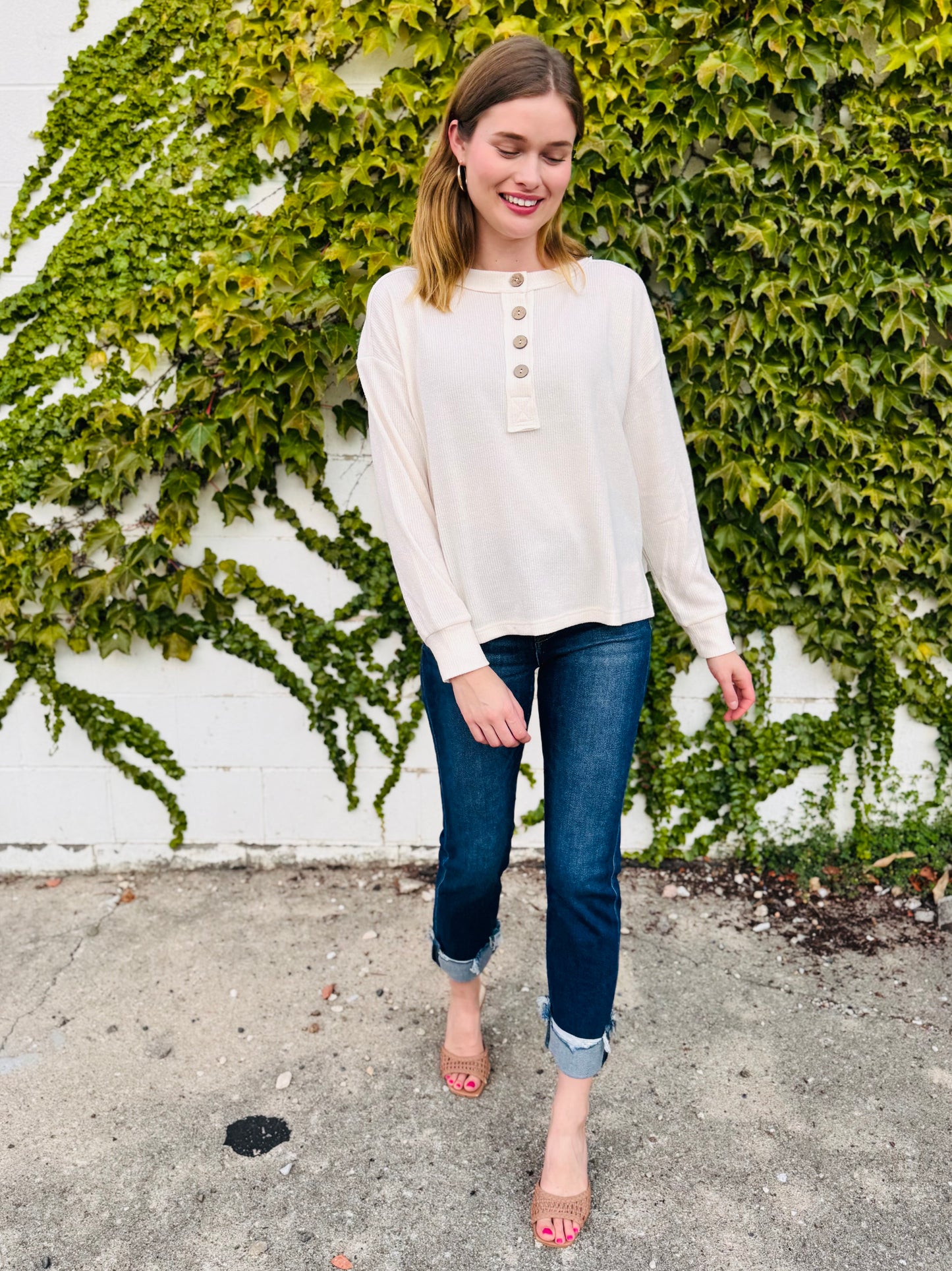 Ribbed Henley Long Sleeve Knit Top