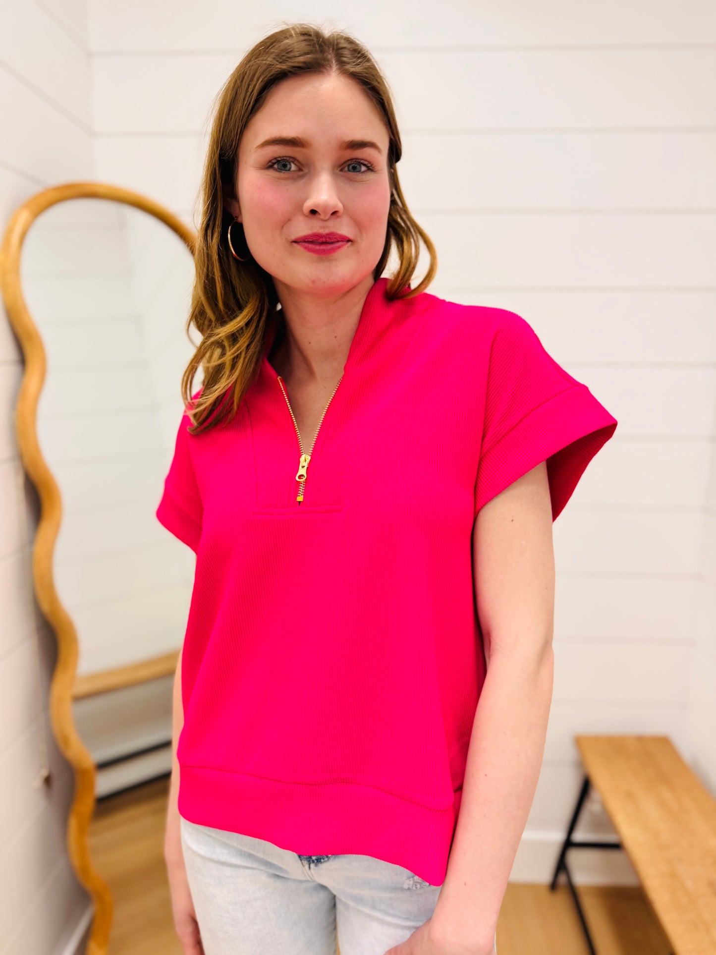 Half Zip Short Sleeve Top - Hot Pink