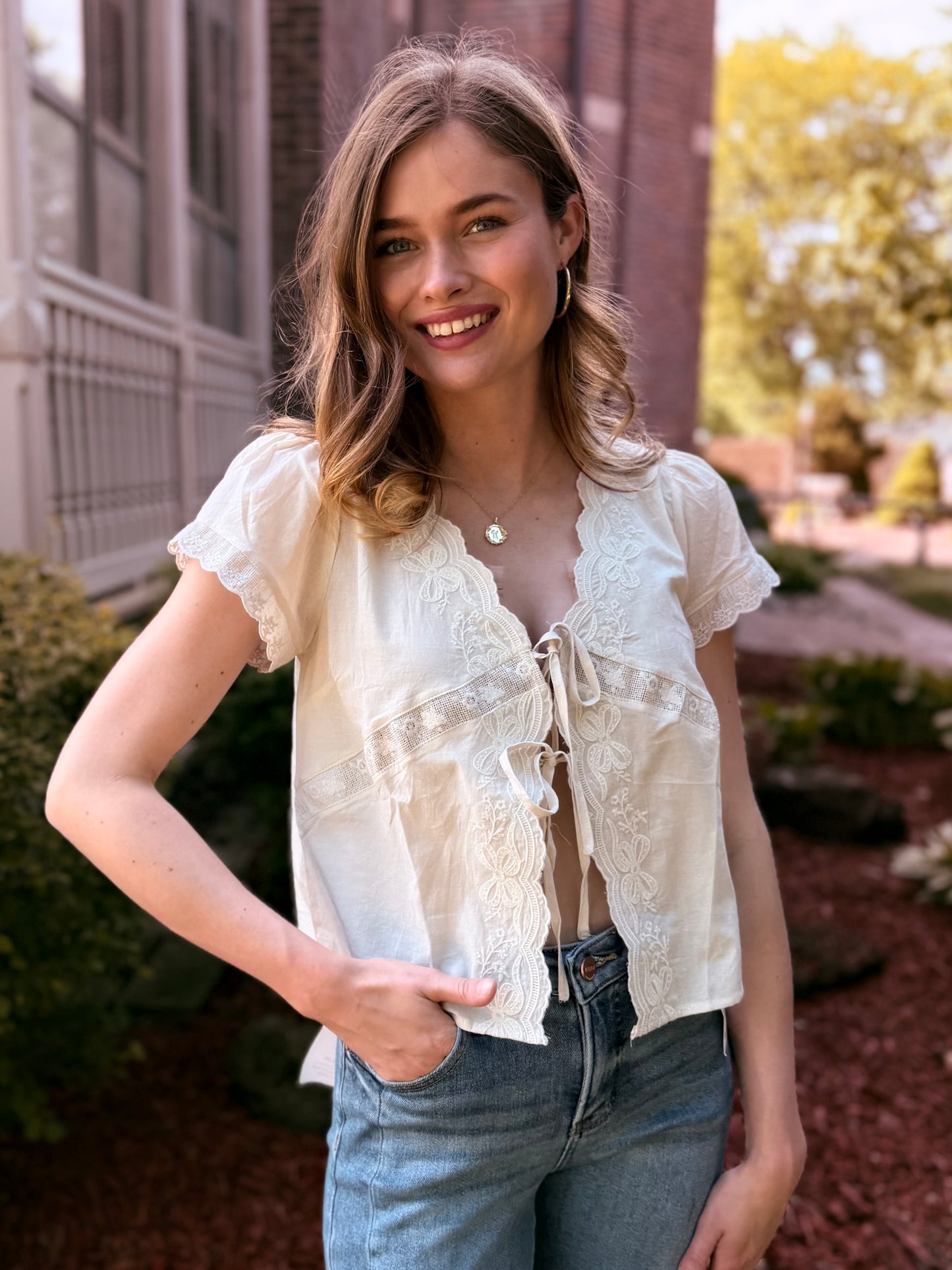 Scalloped Embroidered Front Tie Lace Trim Top