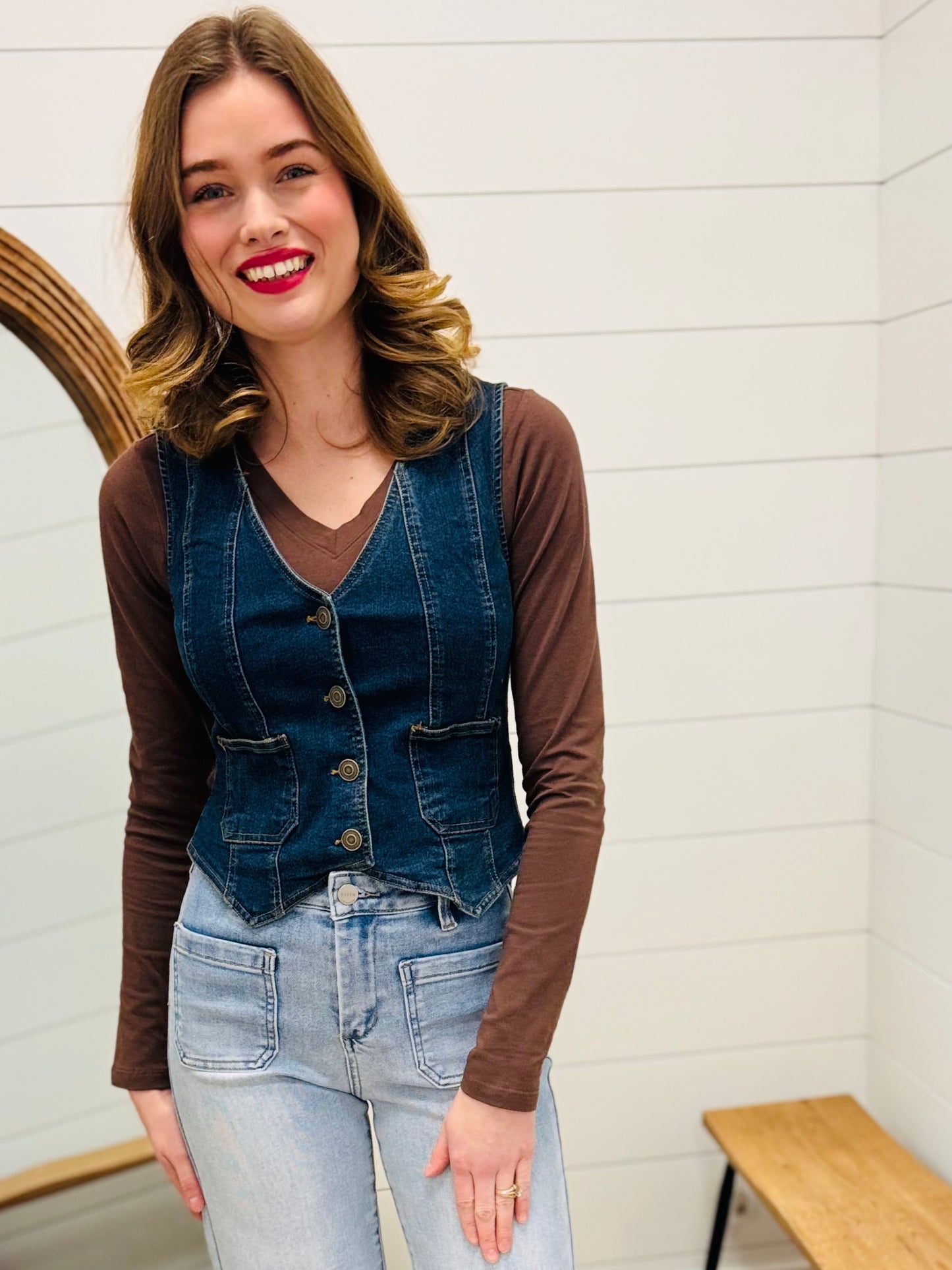 V Neck Sleeveless Button Down Denim Vest