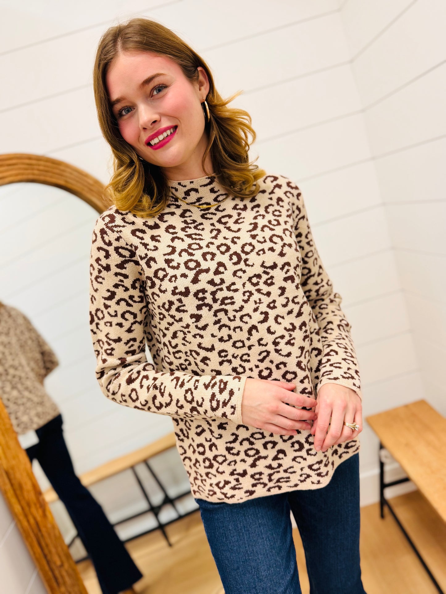 Leopard Print Mock Neck Knit Sweater