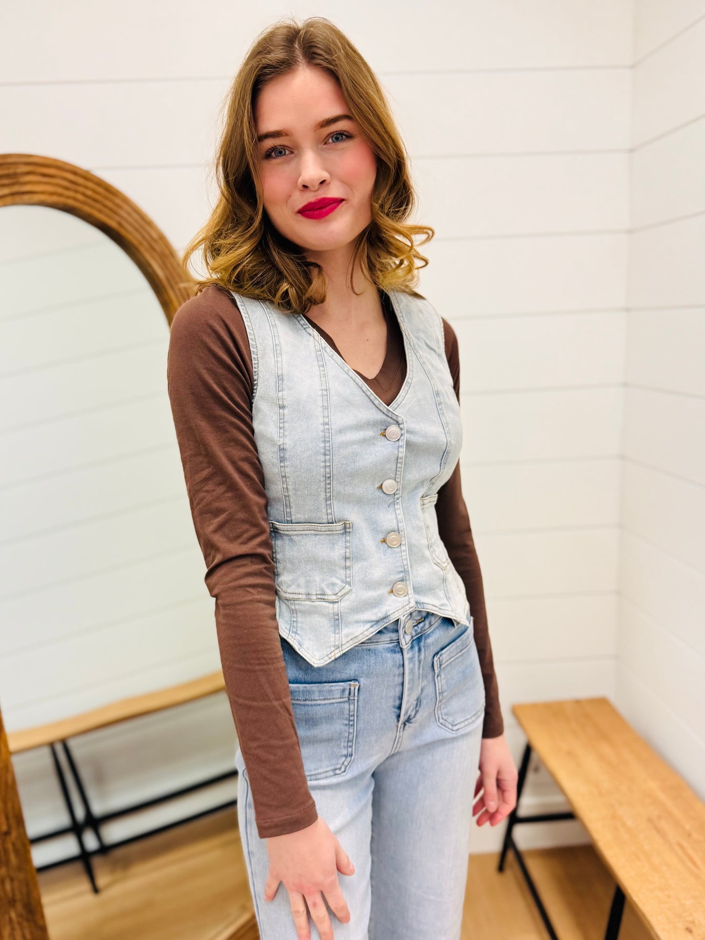 V Neck Sleeveless Button Down Denim Vest