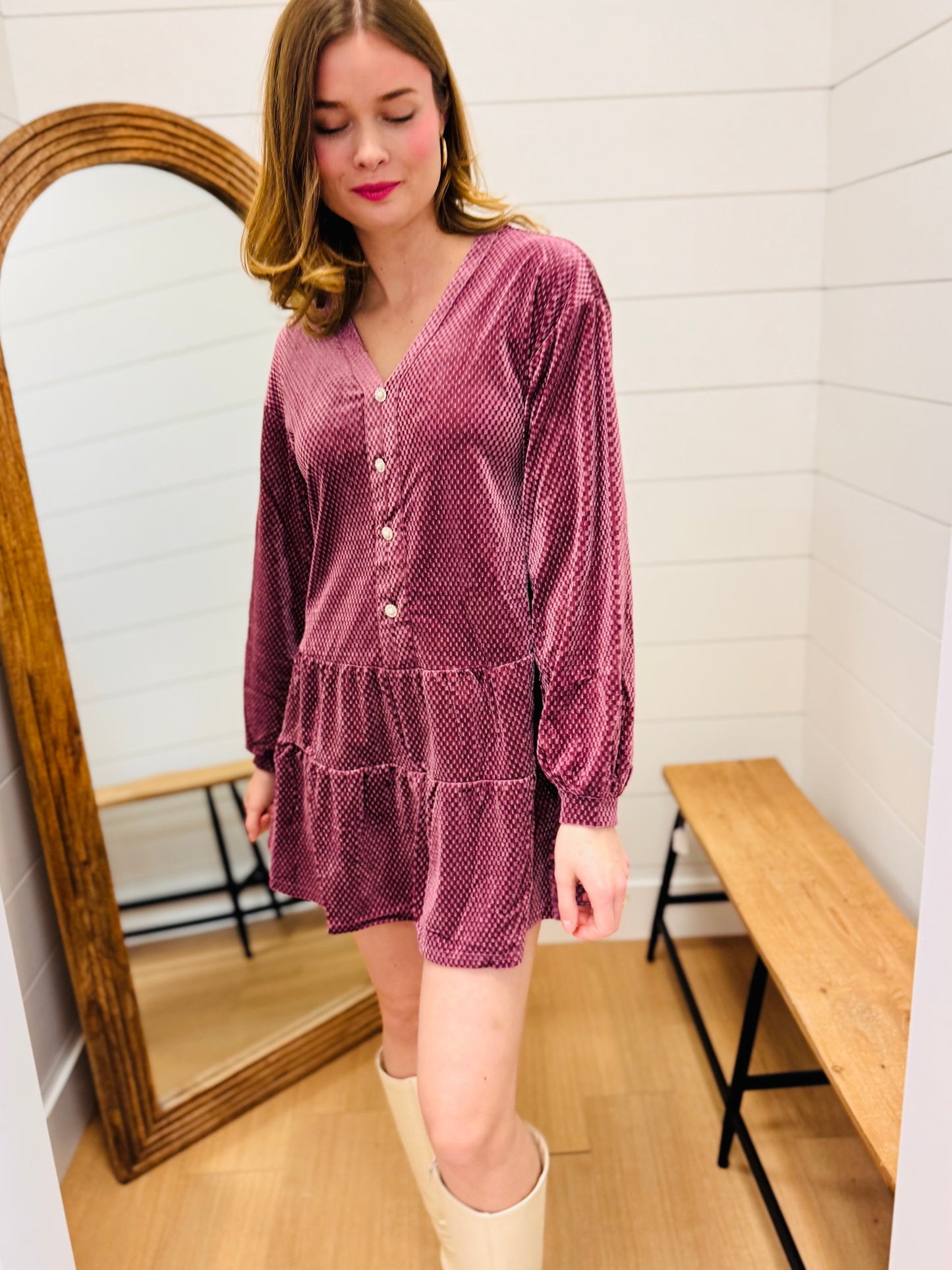 Tiered Textured Velvet Mini Dress