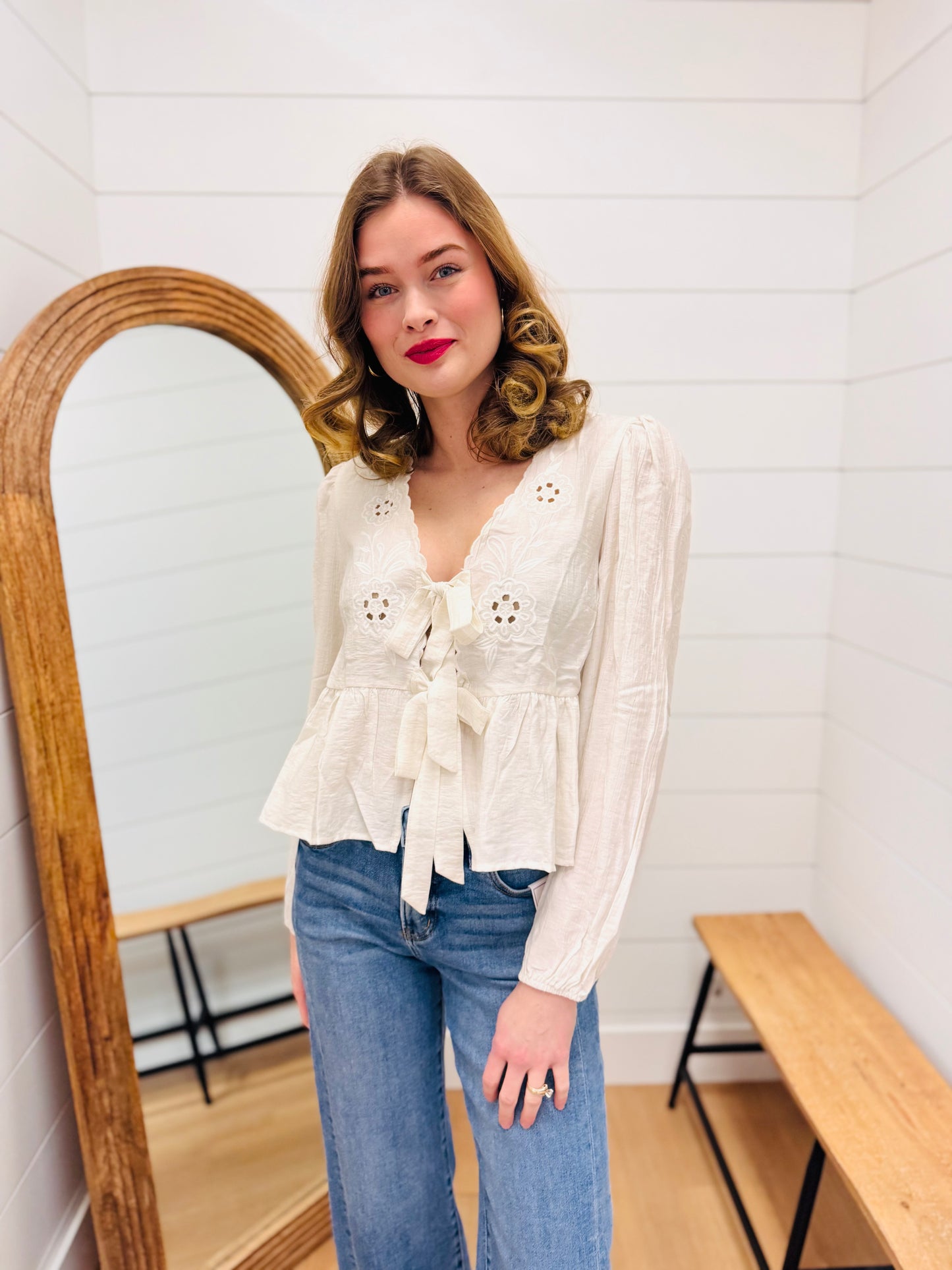 Floral Eyelet Embroidery Front Tie Long Sleeve Top
