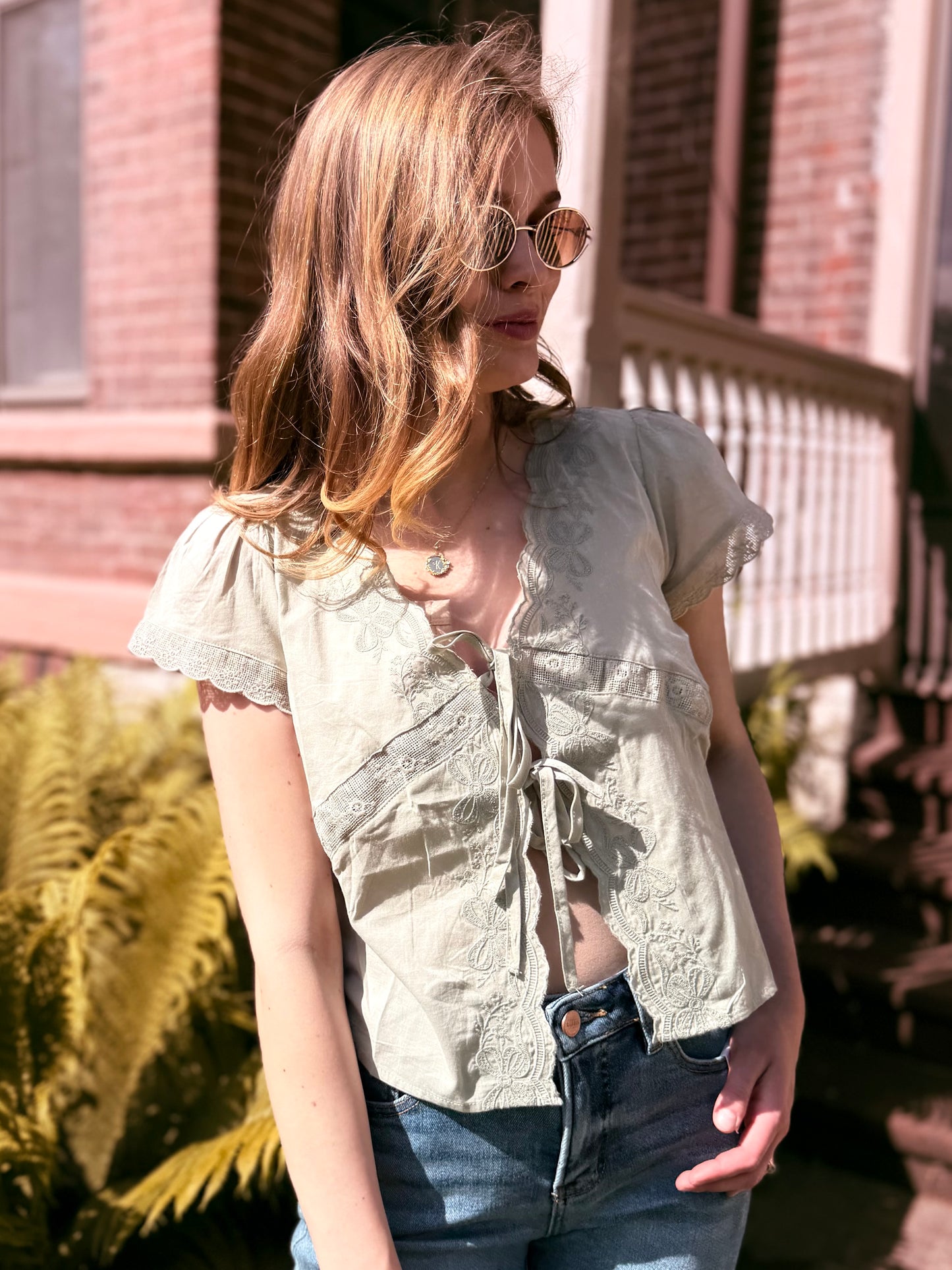 Scalloped Embroidered Front Tie Lace Trim Top