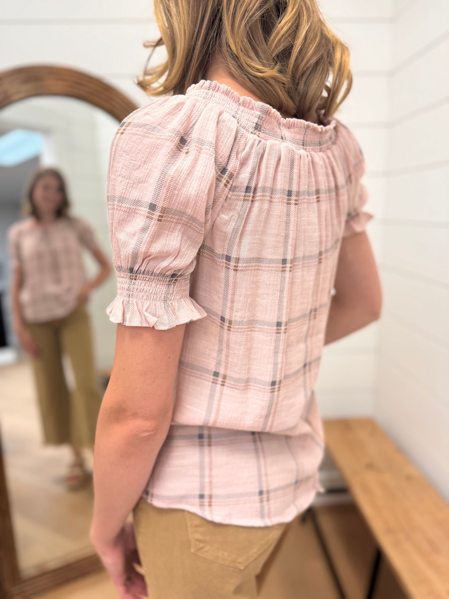Plaid Split Tie Neck Top