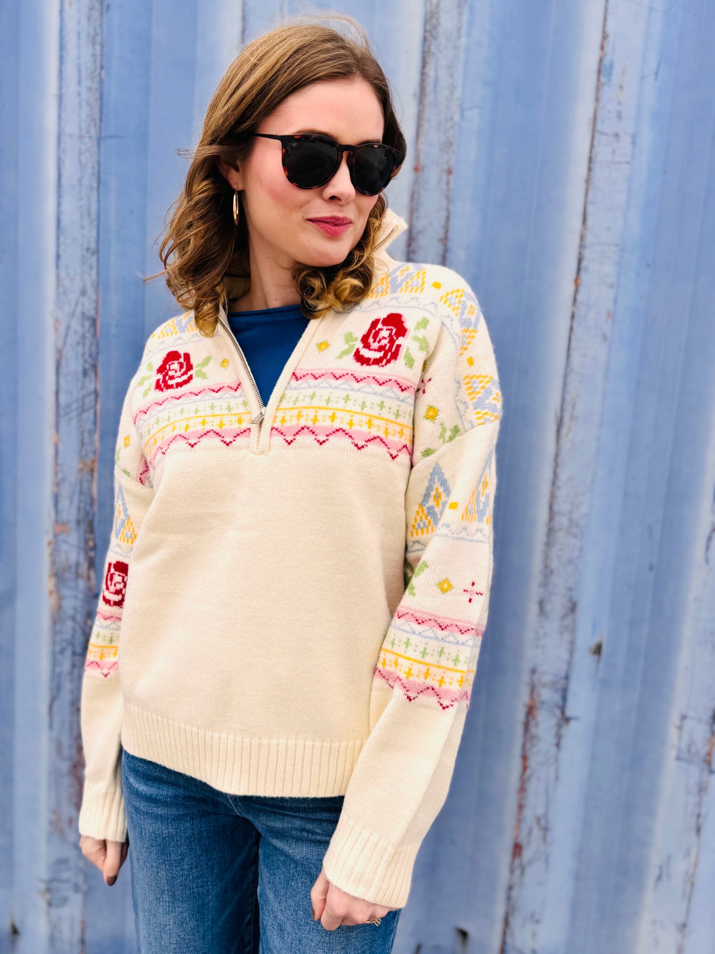 Rose Fair Isle Half Zip Knit Pullover Sweater