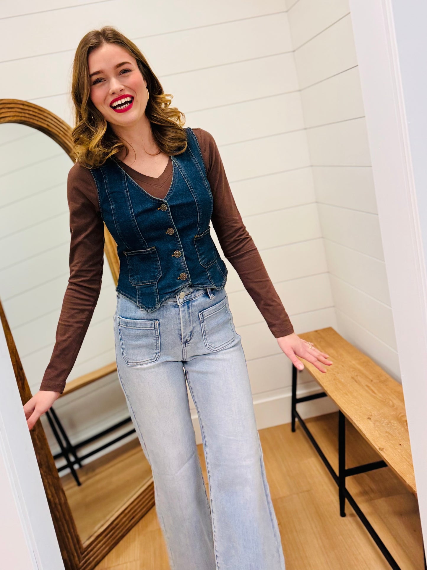 V Neck Sleeveless Button Down Denim Vest