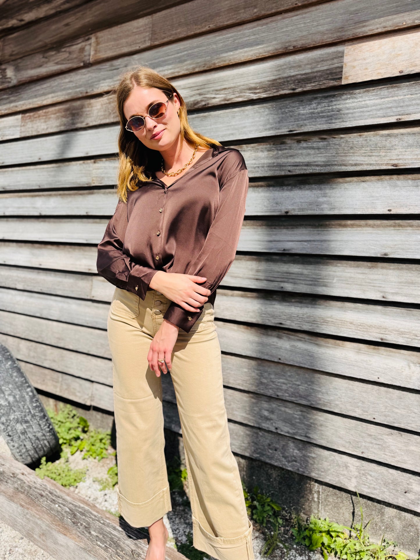 Long Sleeve Satin Top - Chocolate Brown
