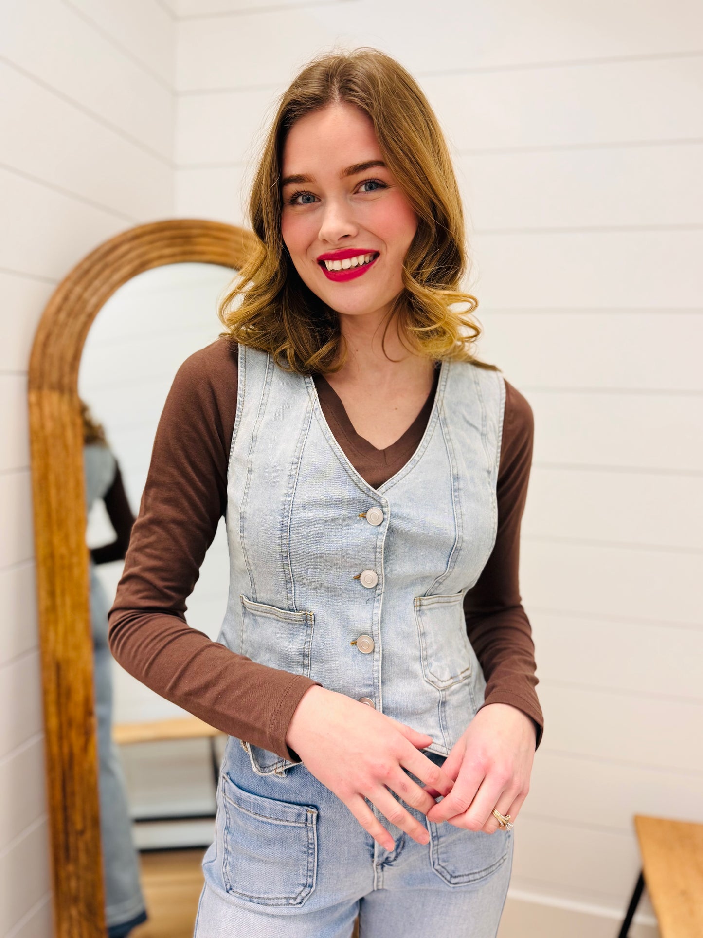 V Neck Sleeveless Button Down Denim Vest