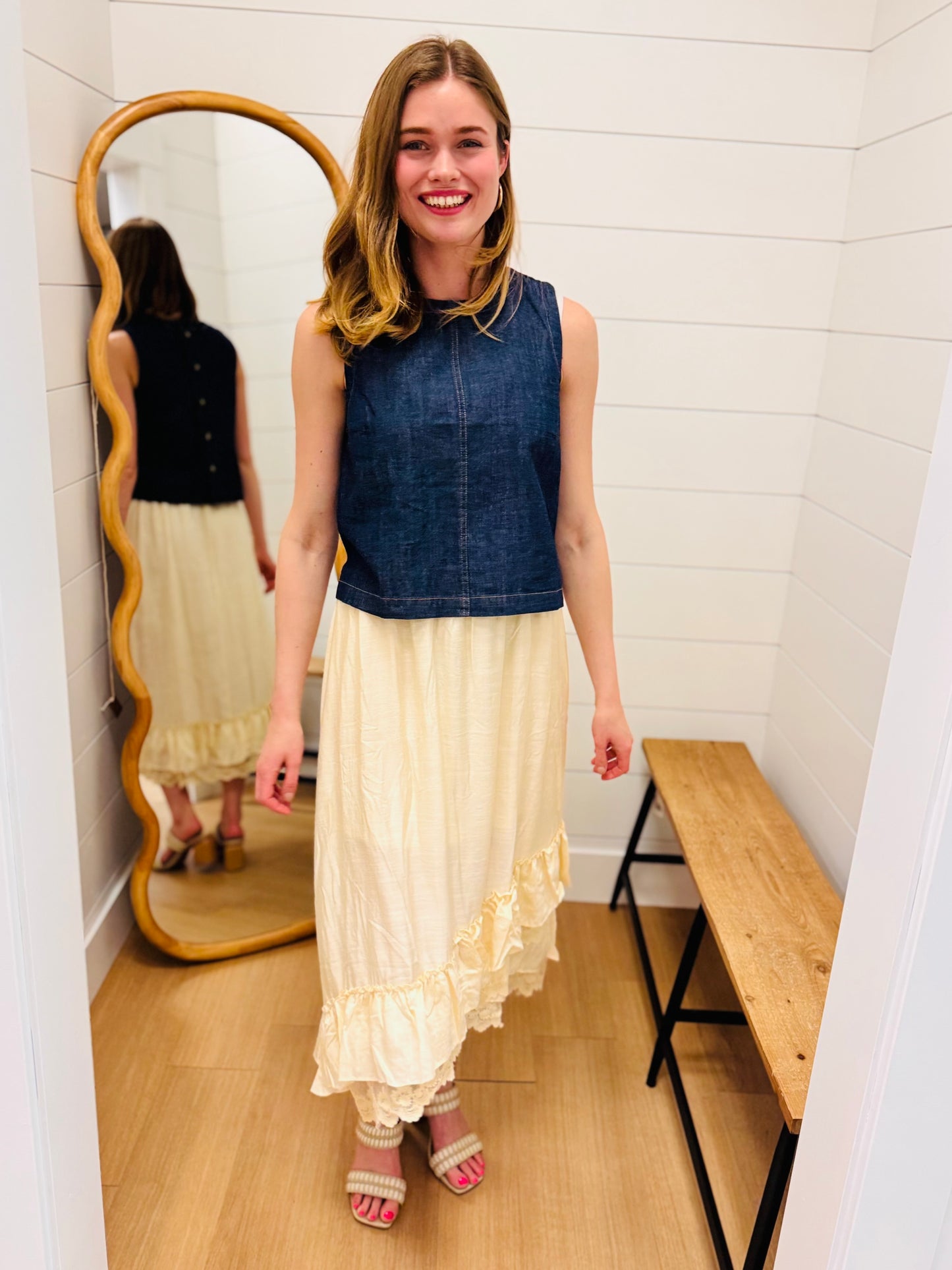Back Button Denim Top