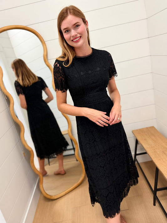 Lace Scalloped Short Sleeve Midi Dress