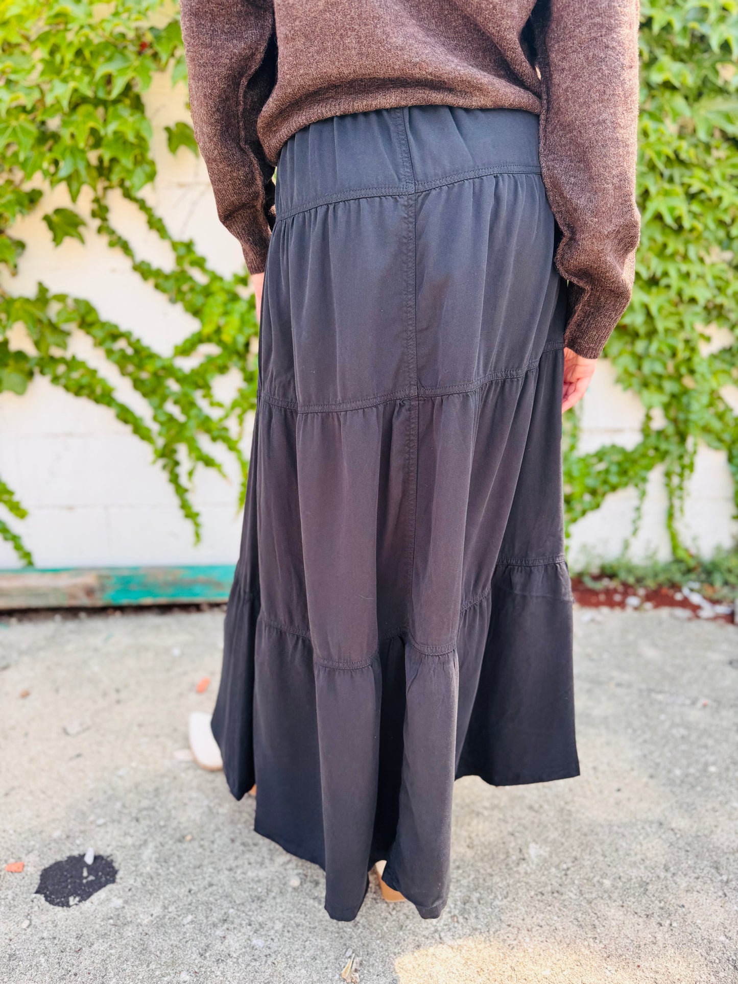 Black High Rise Tiered Long Tencel Skirts - Risen