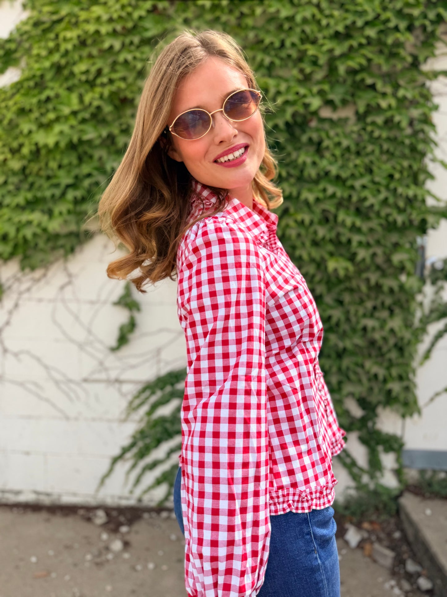 Gingham Frilled Button Down Long Sleeve Shirt