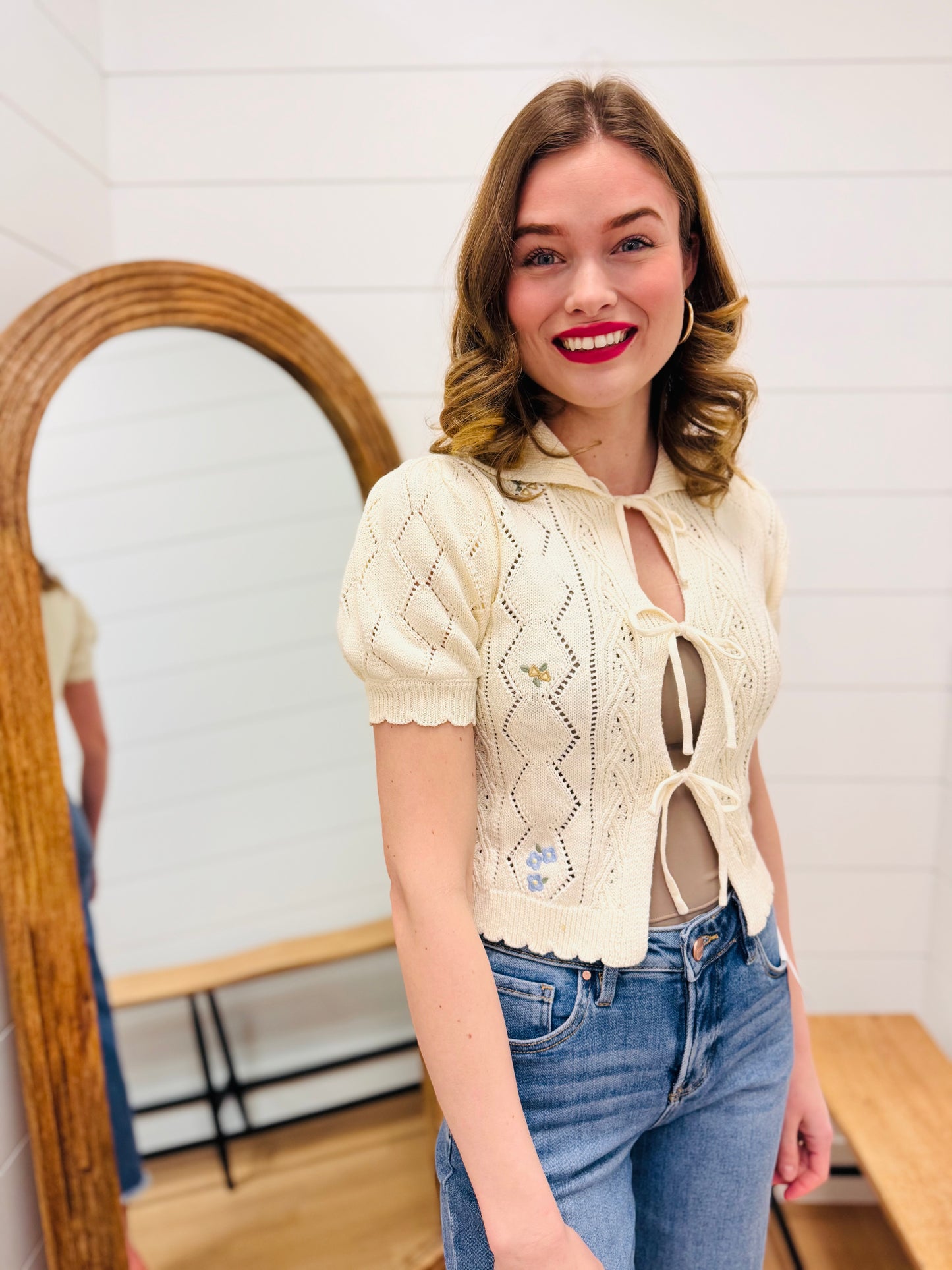 Floral Embroidery Crochet Knit Front Tie Sweater