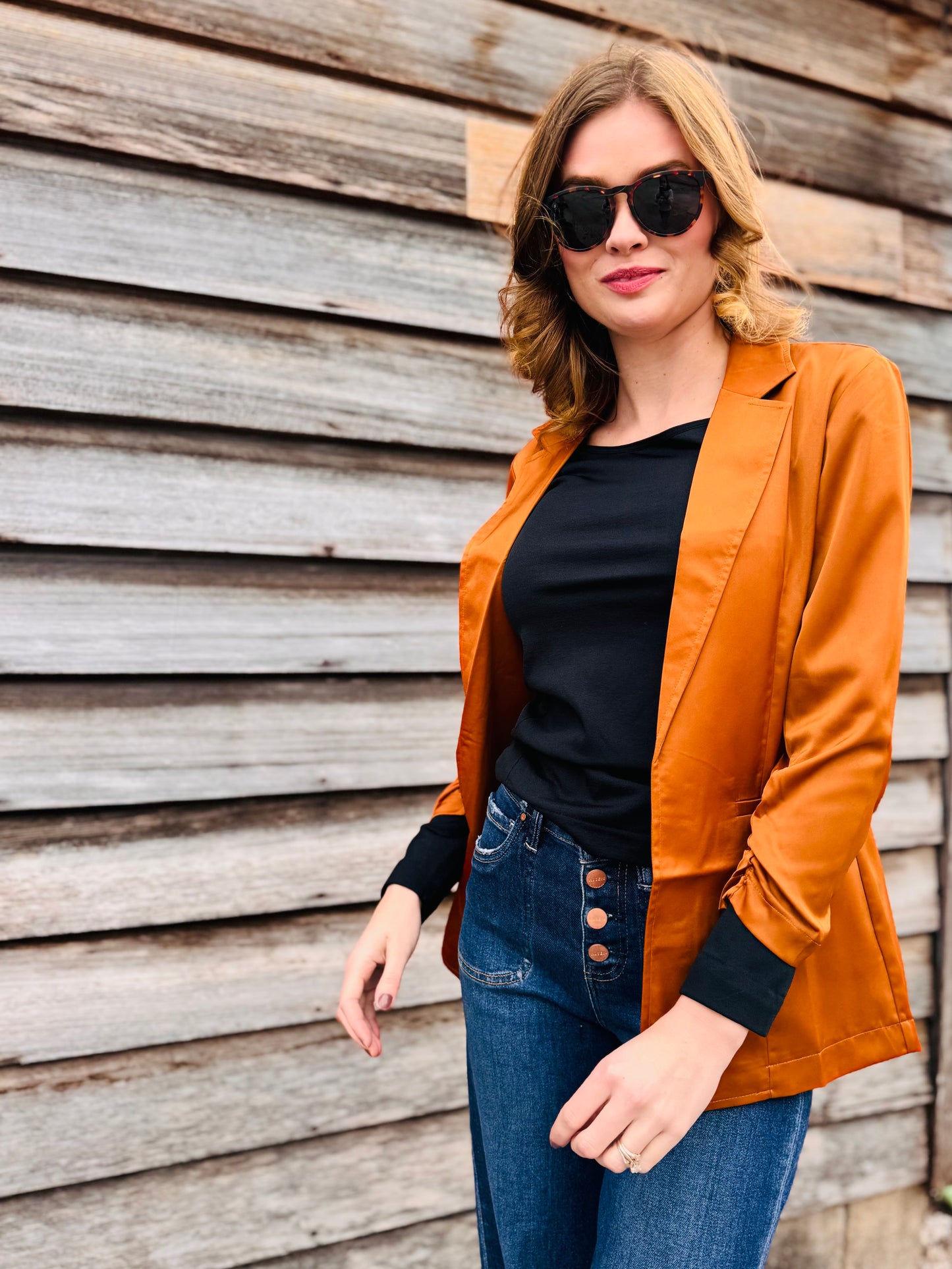 Satin Ruched Sleeve Blazer Jacket