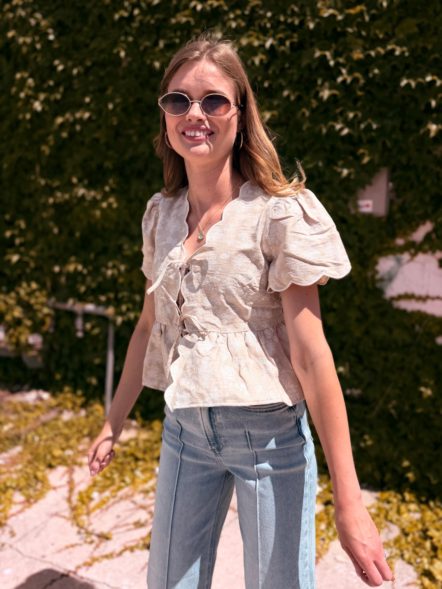 Floral Embroidery Front Tie Scalloped Peplum Top - Khaki