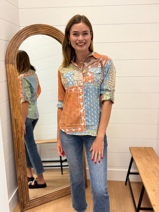 Floral Patchwork Button Down Shirt